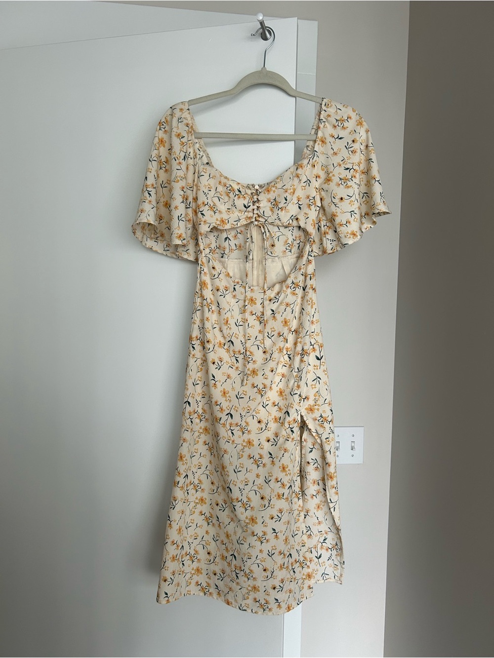 Floral Cutout Midi Dress in Cream and Yellow